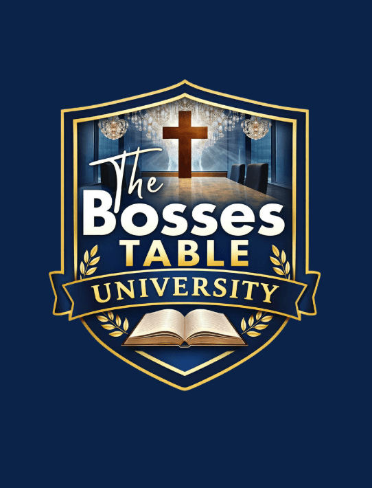 The Bosses Table Univeristy Logo on blue background